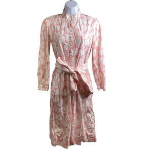 Vintage Casi Pink White Thai Shirt Dress Size 12 Hand Screened Floral Print Boho